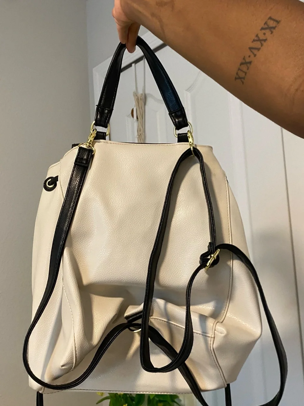 Womens Two-Tone Black and Cream Backpack Purse